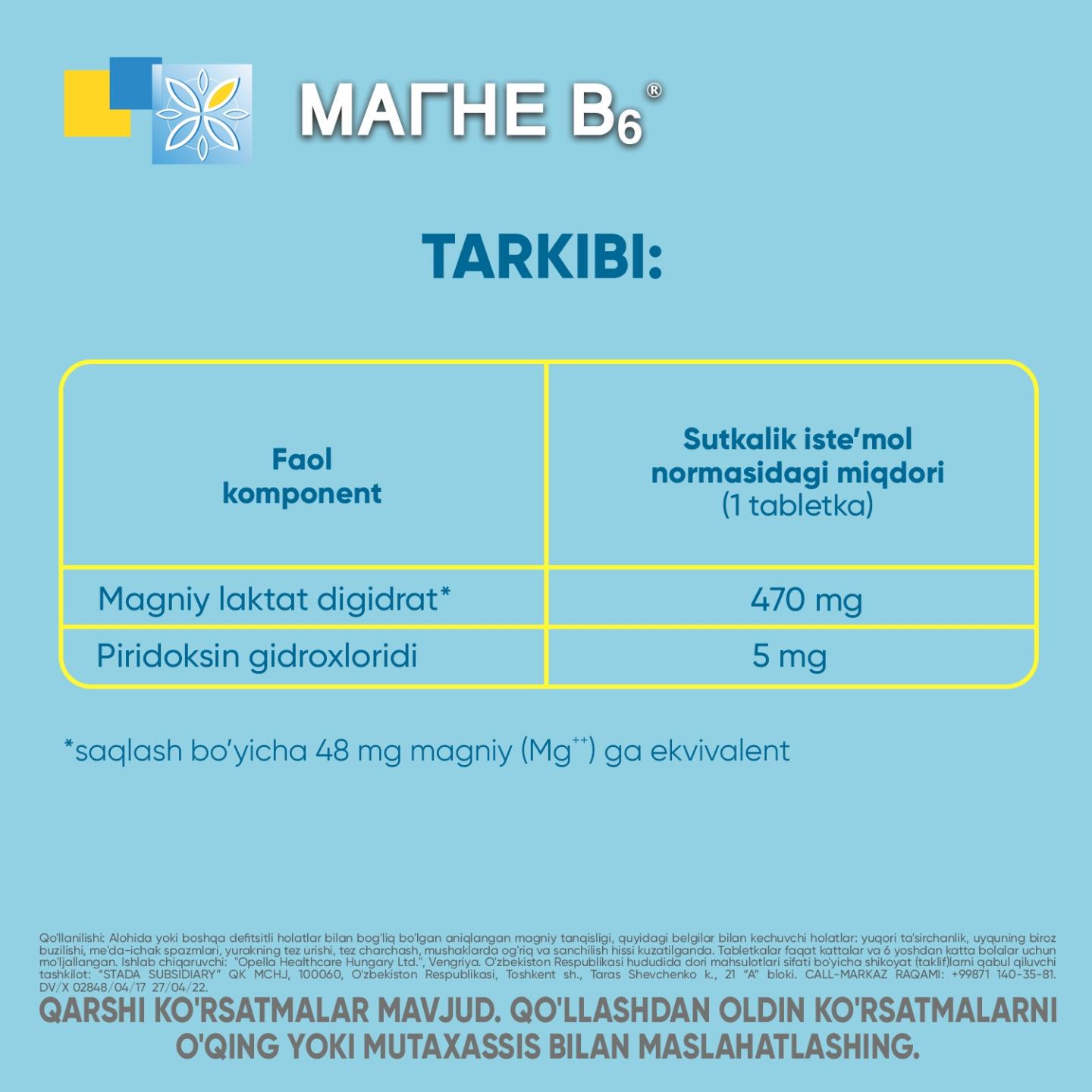MAGNE B6 tabletkalari 5mg N60