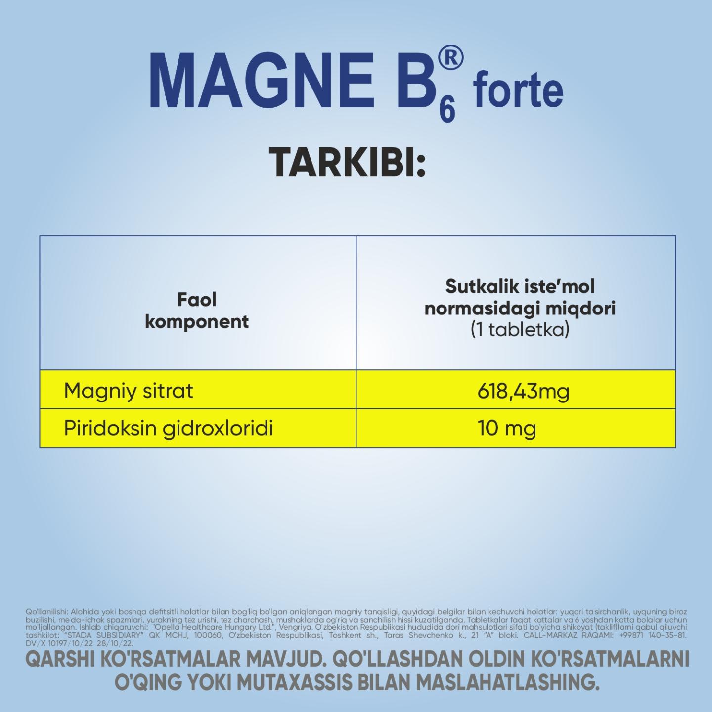 MAGNE B6 FORTE tabletkalari 100mg/10mg N40
