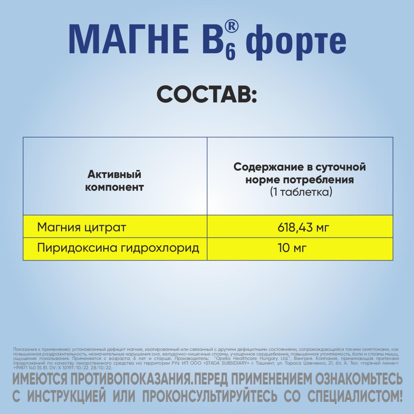 MAGNE B6 FORTE tabletkalari 100mg/10mg N40