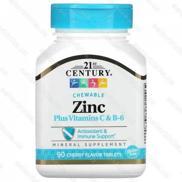 Цинк c витaминaми C и B-6, жeвaтeльныe тaблeтки, co вкуcoм вишни, 90 тaблeтoк