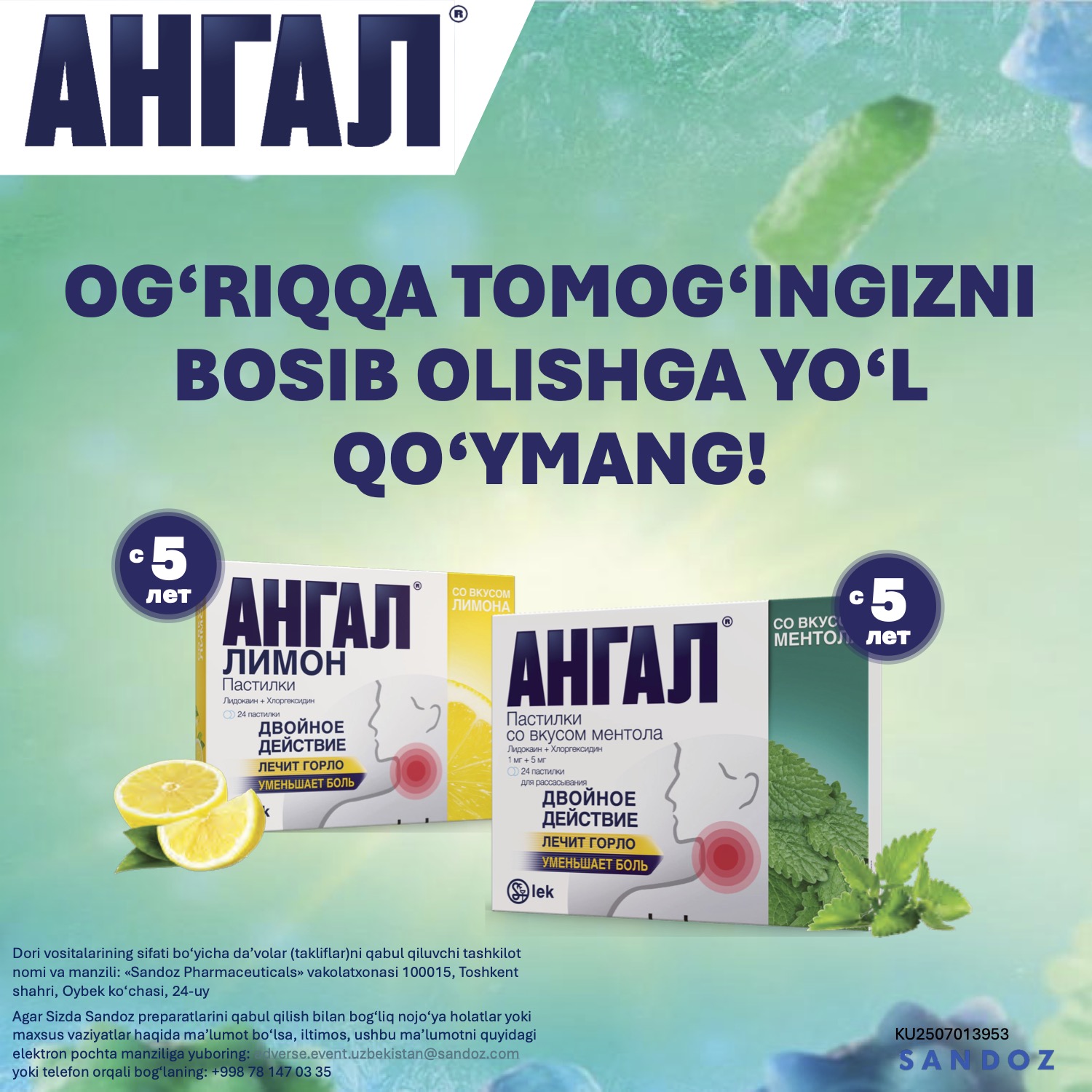 ANGAL pastilkalar so vkusom mentola N24