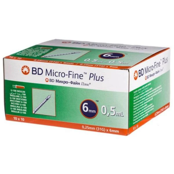 Shprisi insulinovie odnorazovie BD Micro-Fine Plus s iglami 0,5 ml s iglami 6mm №10