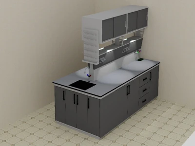 Shkaflar va javonlar bilan laboratoriya stoli (orol) 3100*1500*2100