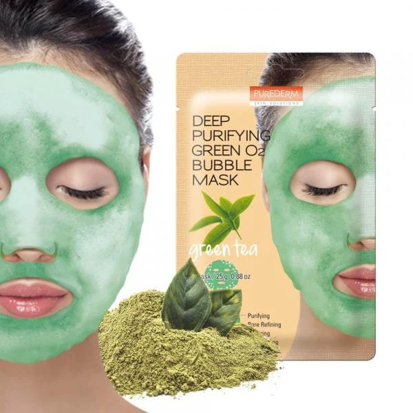 Глубоко очищающая кислородная маска для лица deep purifying green o2 bubble mask green tea 5536 purederm (Корея)