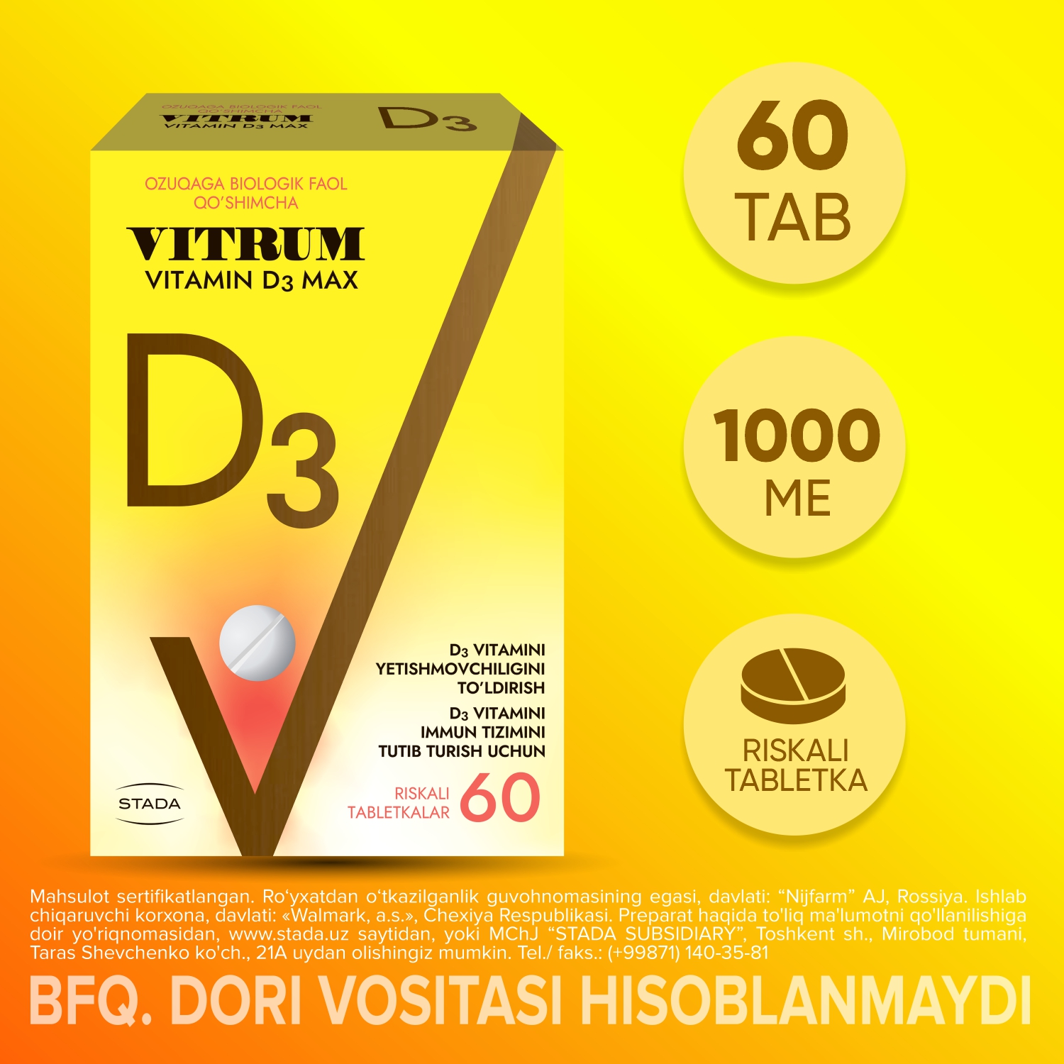 VITRUM VITAMIN D3 MAKS tabletkalari N60