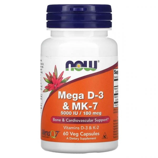 NOW Foods, Mega D3 va MK-7, 180 mkg (5000 IU), 60 sabzavotli kapsulalar