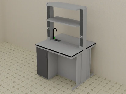 Shkaflar va javonlar bilan laboratoriya stoli (orol) 1400*1500*1850