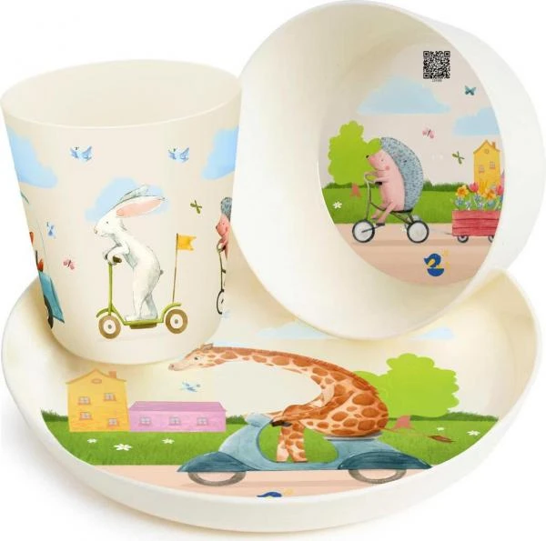 Bolalar idishlari to'plami Plast Team Baby Play with Me Animals (tovoq, piyola, stakan 270 ml)