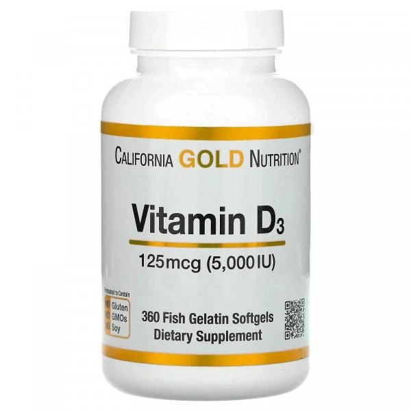 California Gold Nutrition, витамин D3, 125 мкг (5000 МЕ), 360 капсул из рыбьего желатина