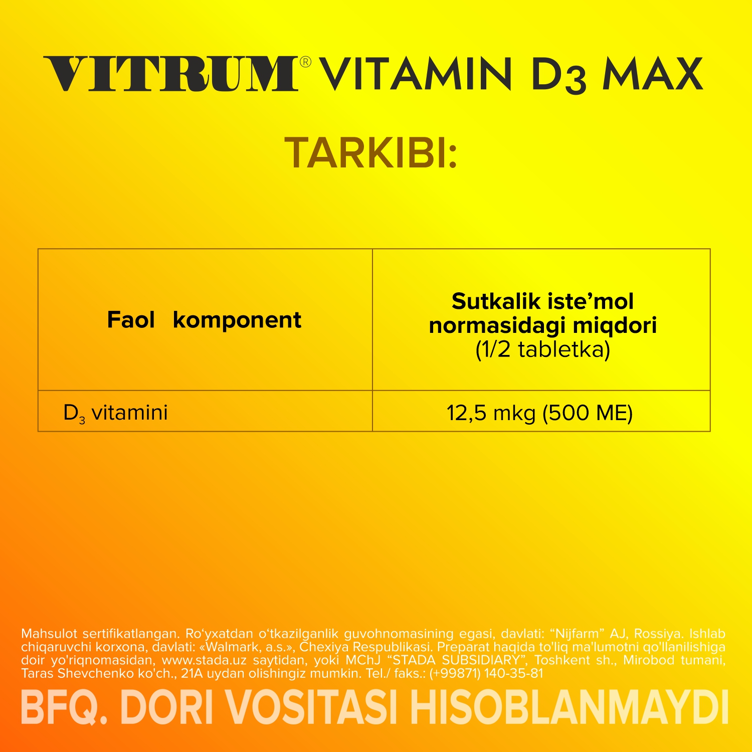 VITRUM VITAMIN D3 MAKS tabletkalari N60