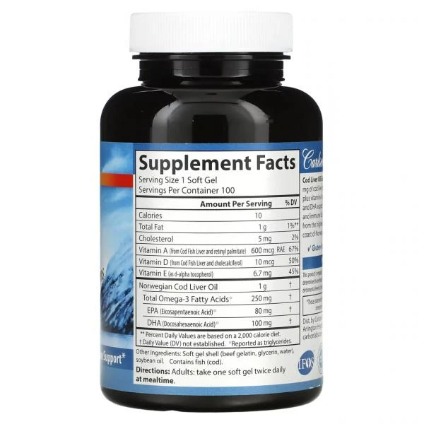 Karlson, yovvoyi Norvegiya, baliq yog'i toshlari, yovvoyi Norvegiya baliq yog'i qopqoqlari, Premium, 1000 mg, 100 kapsula